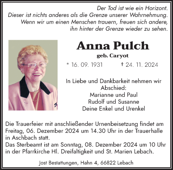 Todesanzeige von Anna Pulch von saarbruecker_zeitung