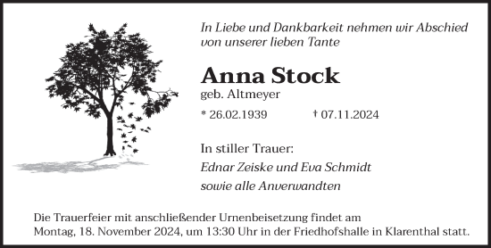 Todesanzeige von Anna Stock von saarbruecker_zeitung