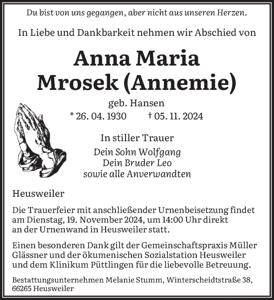 Todesanzeige von Anna Maria Mrosek von saarbruecker_zeitung