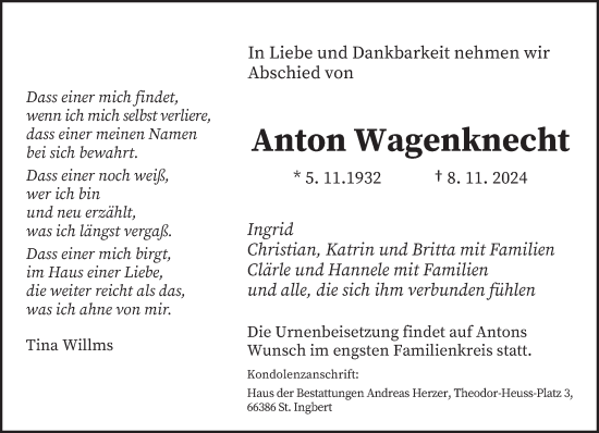 Todesanzeige von Anton Wagenknecht von saarbruecker_zeitung