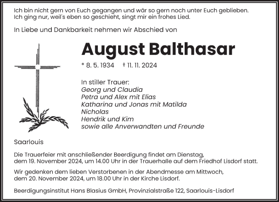 Todesanzeige von August Balthasar von saarbruecker_zeitung