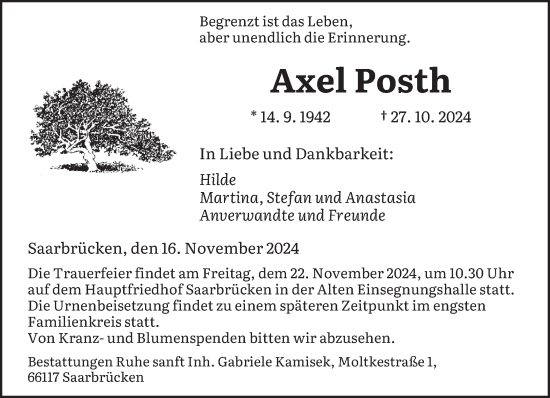 Todesanzeige von Axel Posth von saarbruecker_zeitung