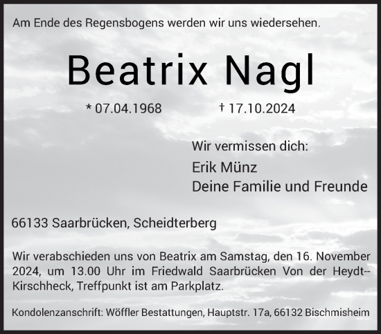 Todesanzeige von Beatrix Nagl von saarbruecker_zeitung