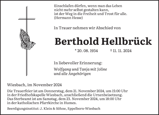 Todesanzeige von Berthold Hellbrüsk von saarbruecker_zeitung