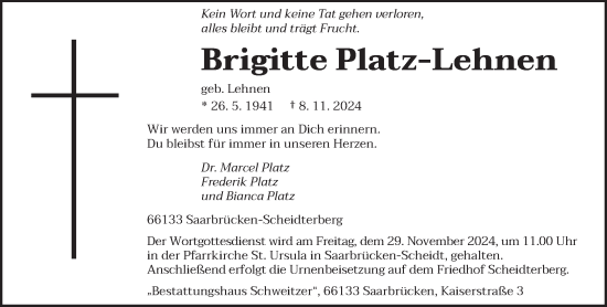 Todesanzeige von Brigitte Platz-Lehnen von saarbruecker_zeitung