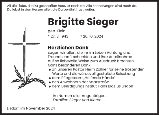 Todesanzeige von Brigitte Sieger von saarbruecker_zeitung