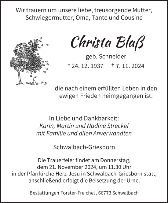 Todesanzeige von Christa Blaß von saarbruecker_zeitung