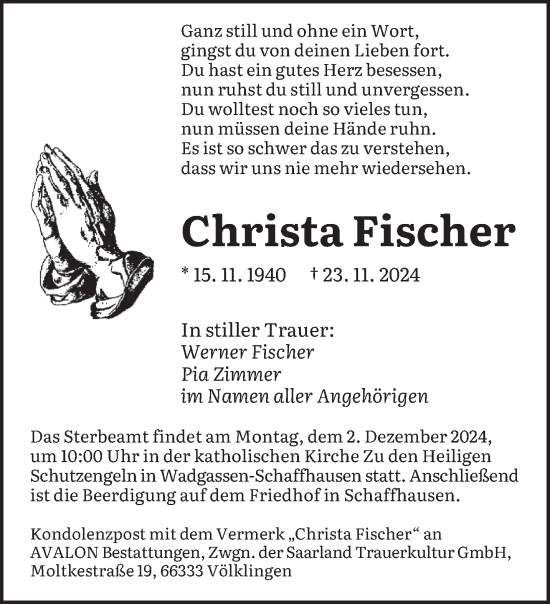 Todesanzeige von Christa Fischer von saarbruecker_zeitung