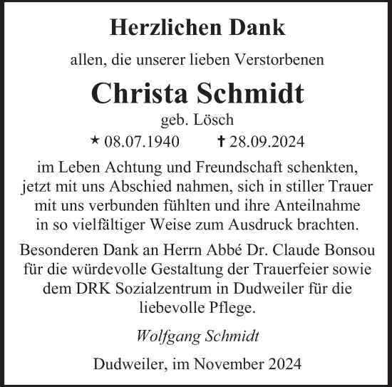 Todesanzeige von Christa Schmidt von saarbruecker_zeitung