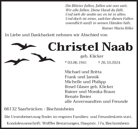 Todesanzeige von Christel Naab von saarbruecker_zeitung