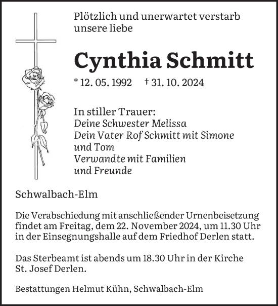 Todesanzeige von Cynthia Schmitt von saarbruecker_zeitung