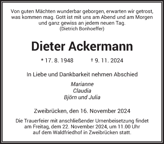 Todesanzeige von Dieter Ackermann von saarbruecker_zeitung