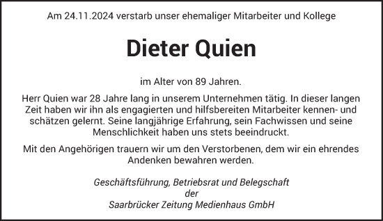 Todesanzeige von Dieter Quien von saarbruecker_zeitung