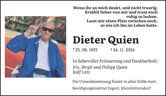 Todesanzeige von Dieter Quien von saarbruecker_zeitung