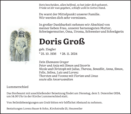 Todesanzeige von Doris Groß von saarbruecker_zeitung