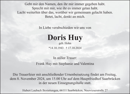 Todesanzeige von Doris Huy von saarbruecker_zeitung