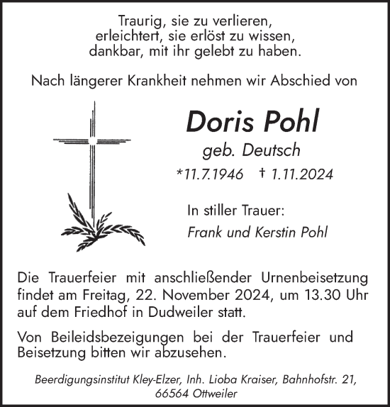 Todesanzeige von Doris Pohl von saarbruecker_zeitung