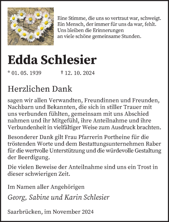 Todesanzeige von Edda Schlesier von saarbruecker_zeitung