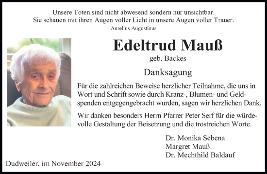 Todesanzeige von Edeltrud Mauß von saarbruecker_zeitung