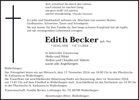 Todesanzeige von Edith Becker von saarbruecker_zeitung