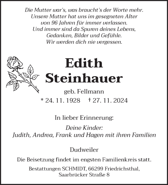 Todesanzeige von Edith Steinhauer von saarbruecker_zeitung