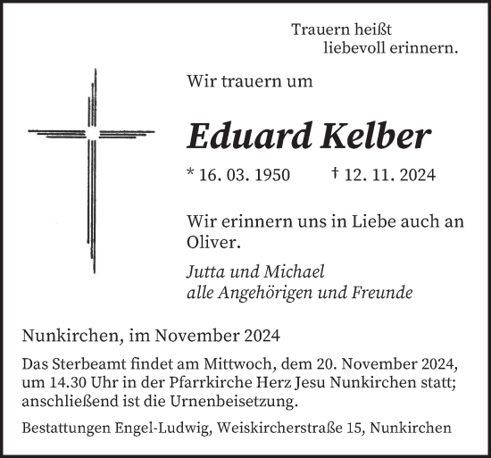 Todesanzeige von Eduard Kelber von saarbruecker_zeitung