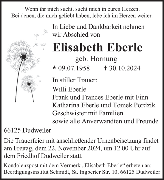 Todesanzeige von Elisabeth Eberle von saarbruecker_zeitung