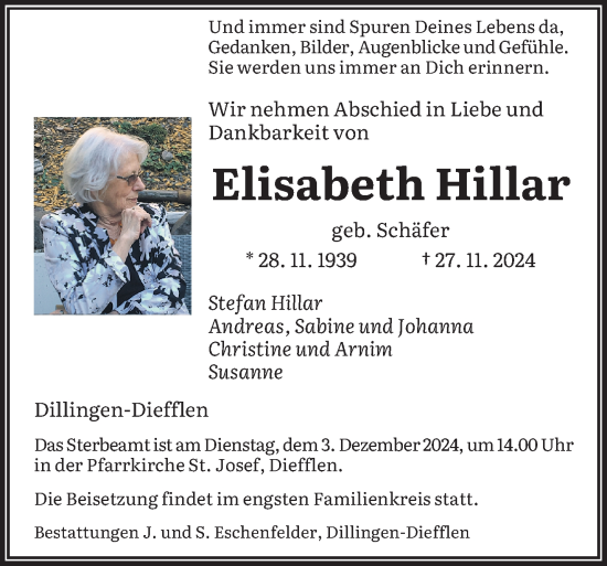 Todesanzeige von Elisabeth Hillar von saarbruecker_zeitung