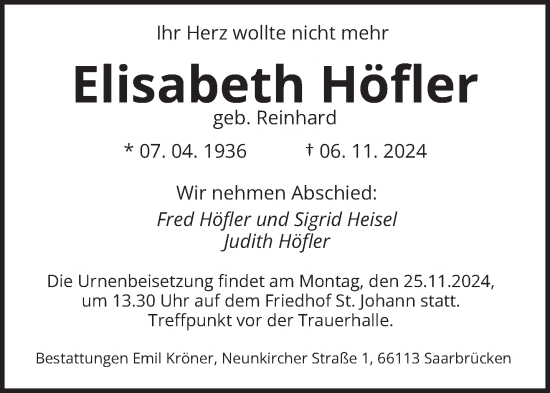 Todesanzeige von Elisabeth Höfler von saarbruecker_zeitung