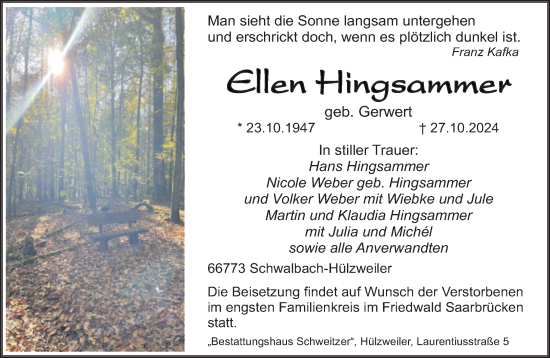 Todesanzeige von Ellen Hingsammer von saarbruecker_zeitung