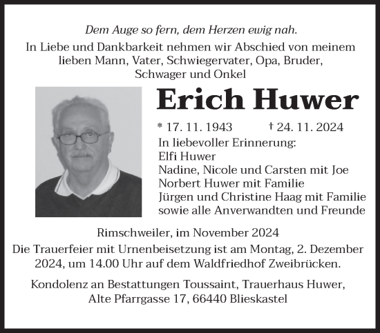 Todesanzeige von Erich Huwer von saarbruecker_zeitung