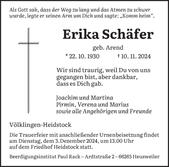 Todesanzeige von Erika Schäfer von saarbruecker_zeitung