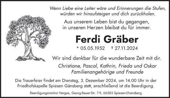 Todesanzeige von Ferdi Gräber von saarbruecker_zeitung