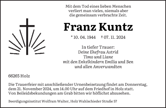 Todesanzeige von Franz Kuntz von saarbruecker_zeitung