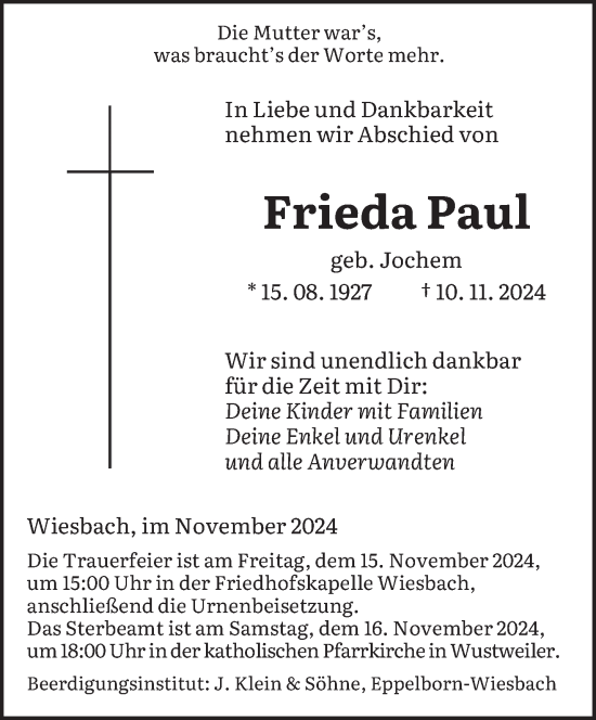 Todesanzeige von Frieda Paul von saarbruecker_zeitung