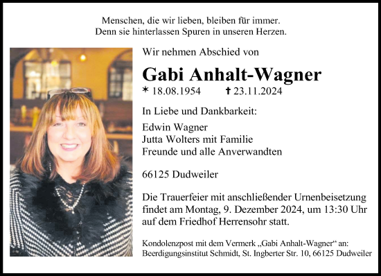 Todesanzeige von Gabi Anhalt-Wagner von saarbruecker_zeitung