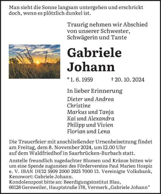 Todesanzeige von Gabriele Johann von saarbruecker_zeitung