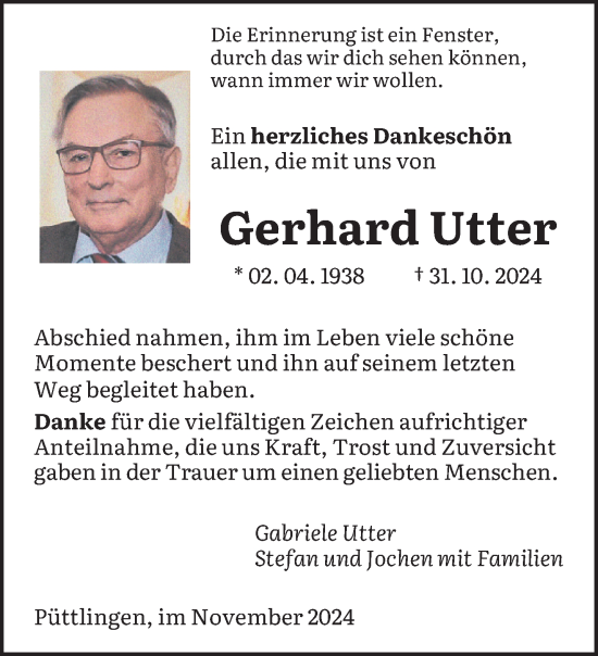 Todesanzeige von Gerhard Utter von saarbruecker_zeitung