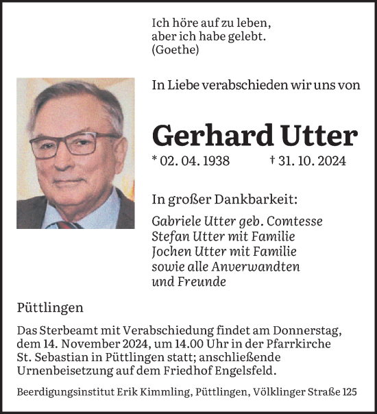 Todesanzeige von Gerhard Utter von saarbruecker_zeitung