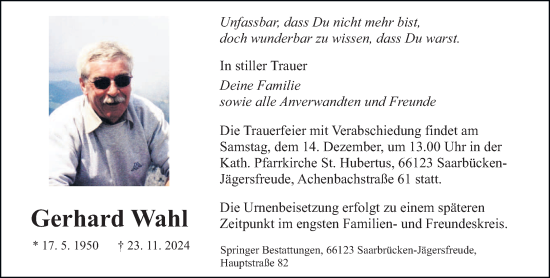 Todesanzeige von Gerhard Wahl von saarbruecker_zeitung