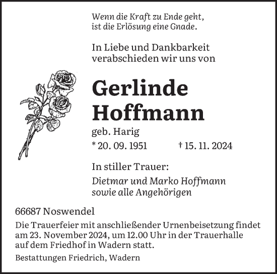 Todesanzeige von Gerlinde Hoffmann von saarbruecker_zeitung