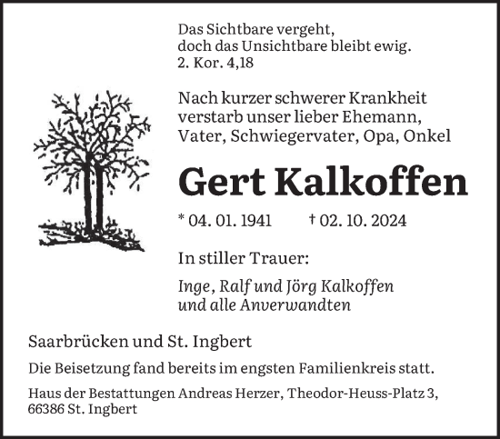 Todesanzeige von Gert Kalkoffen von saarbruecker_zeitung