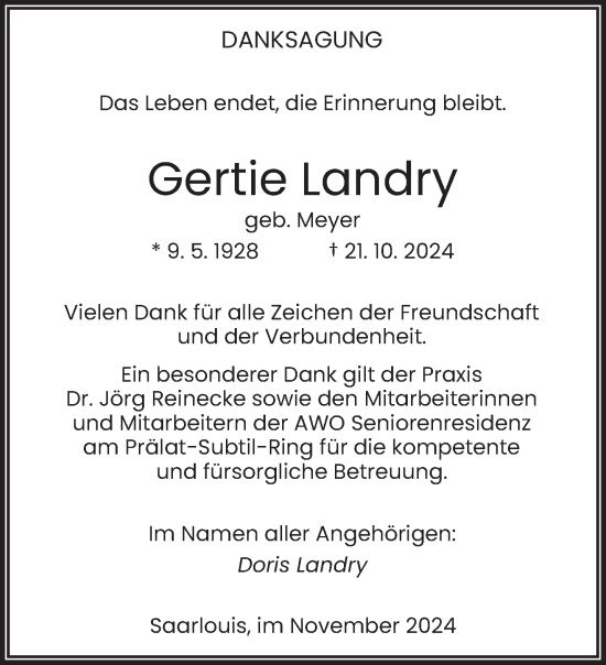 Todesanzeige von Gertie Landry von saarbruecker_zeitung