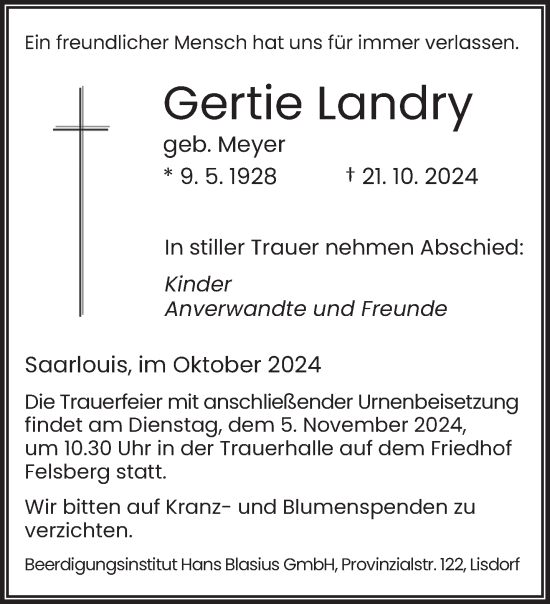 Todesanzeige von Gertie Landry von saarbruecker_zeitung