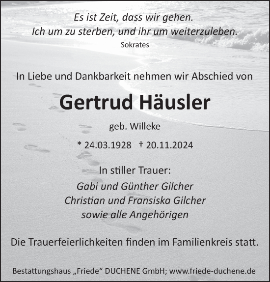 Todesanzeige von Gertrud Häusler von saarbruecker_zeitung