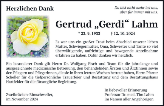 Todesanzeige von Gertrud Lahm von saarbruecker_zeitung