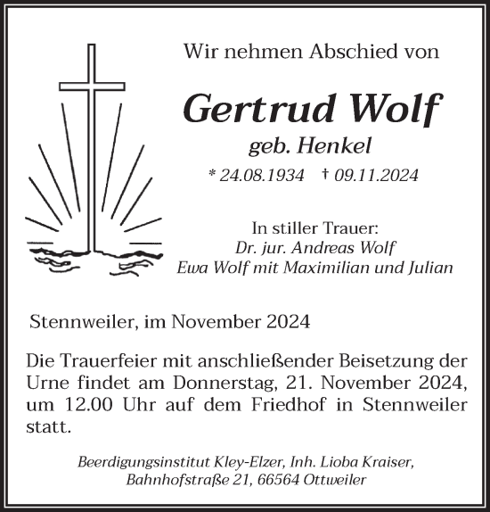 Todesanzeige von Gertrud Wolf von saarbruecker_zeitung