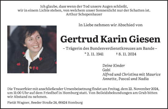 Todesanzeige von Gertrud Karin Giesen von saarbruecker_zeitung