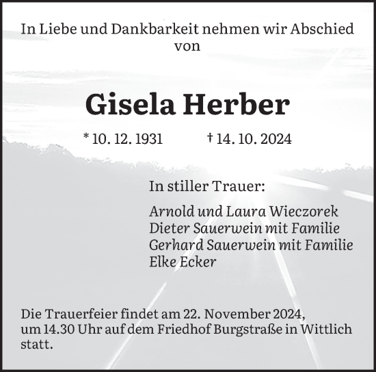 Todesanzeige von Gisela Herber von saarbruecker_zeitung