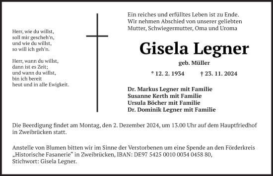 Todesanzeige von Gisela Legner von saarbruecker_zeitung